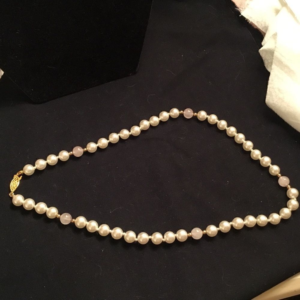 White Faux Pearl and Rose Quartz Necklace